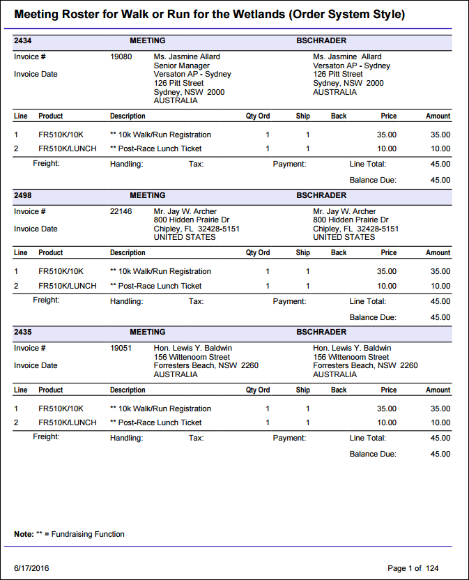 Viewing the Meeting Roster - Order System Style report example